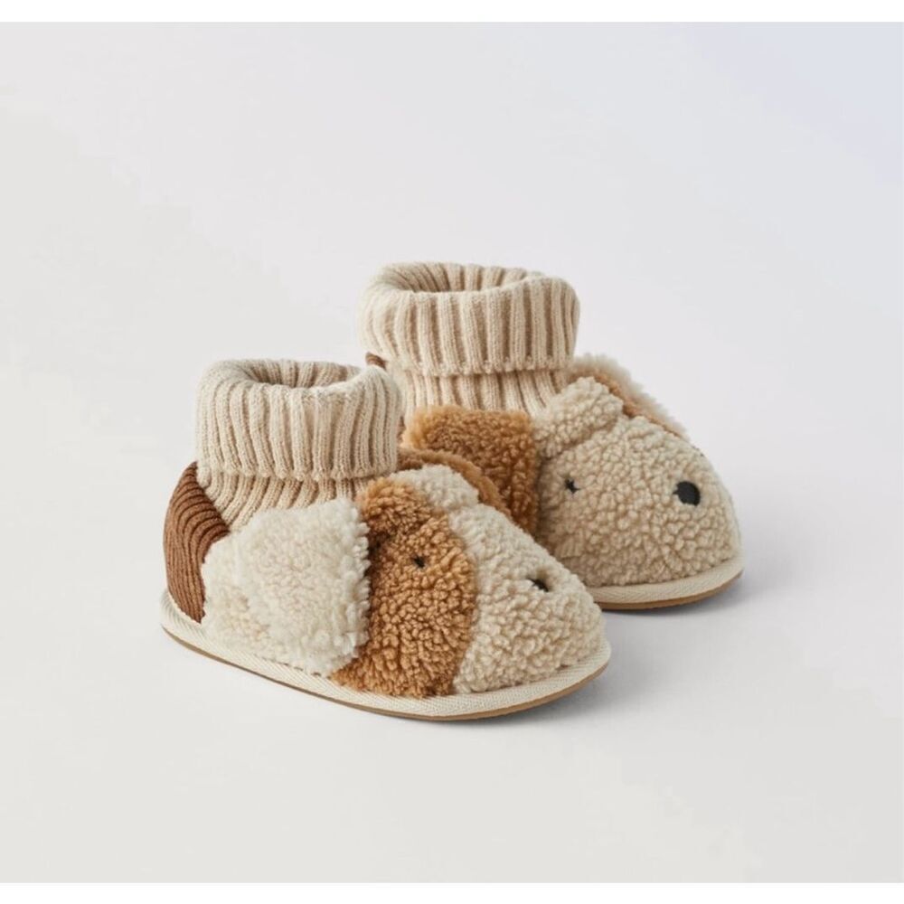 zara puppy slippers dog baby toddler kids 9.5 sock shoes sherpa teddy tan brown